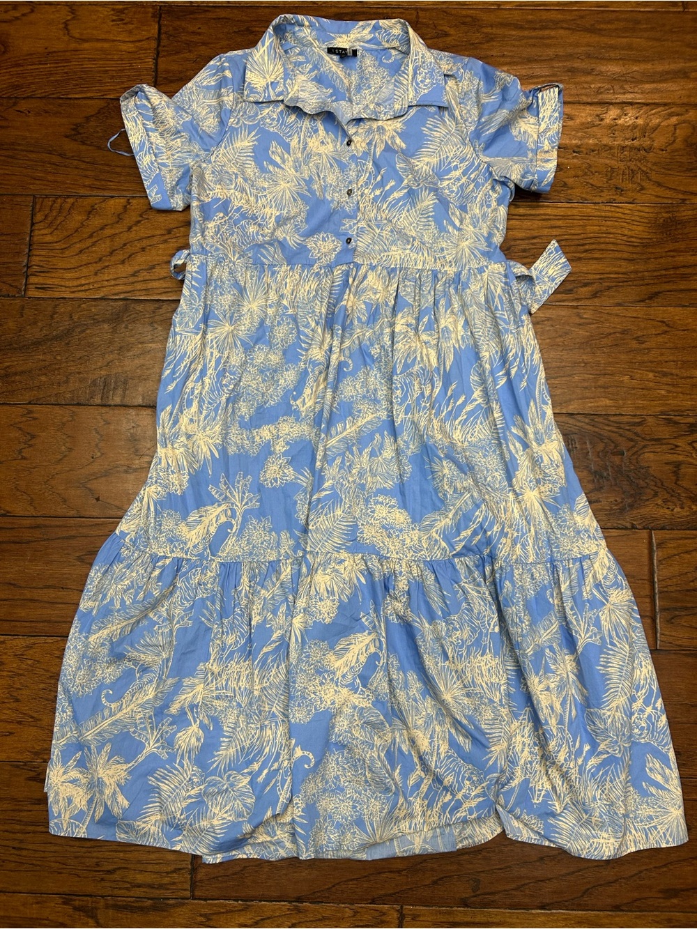 Cottagecore boho Light Blue and White Tropical tiered Shirtwaist Dress - Picture 3 of 8